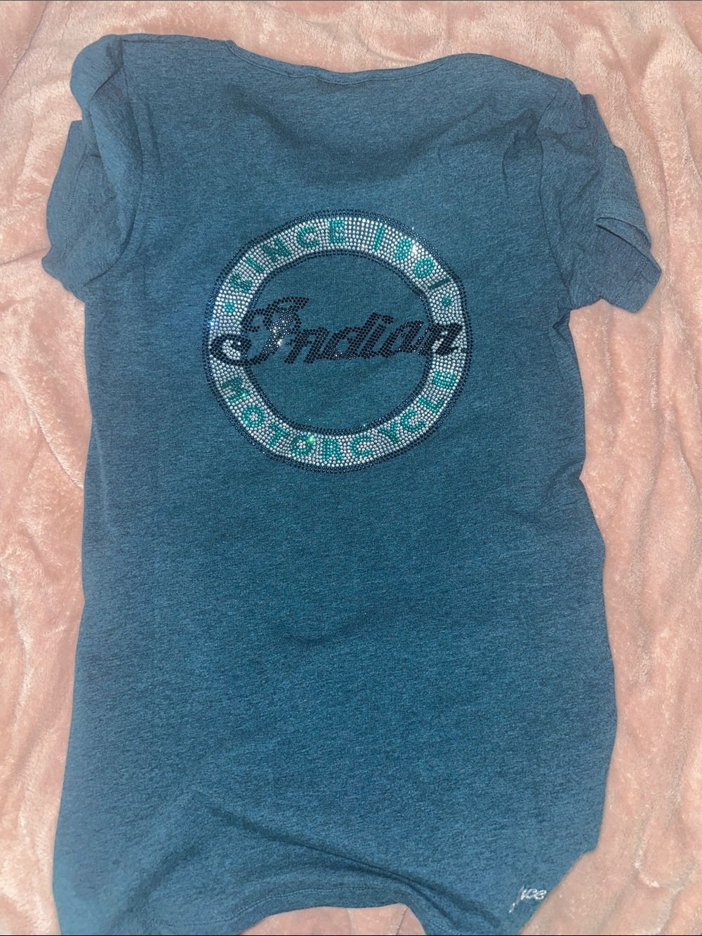 Indian Motorcycles Teal Rhinestone Logo T‑Shirt xs
